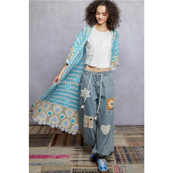 POL Striped and Floral Pattern Crochet Longline Cardigan